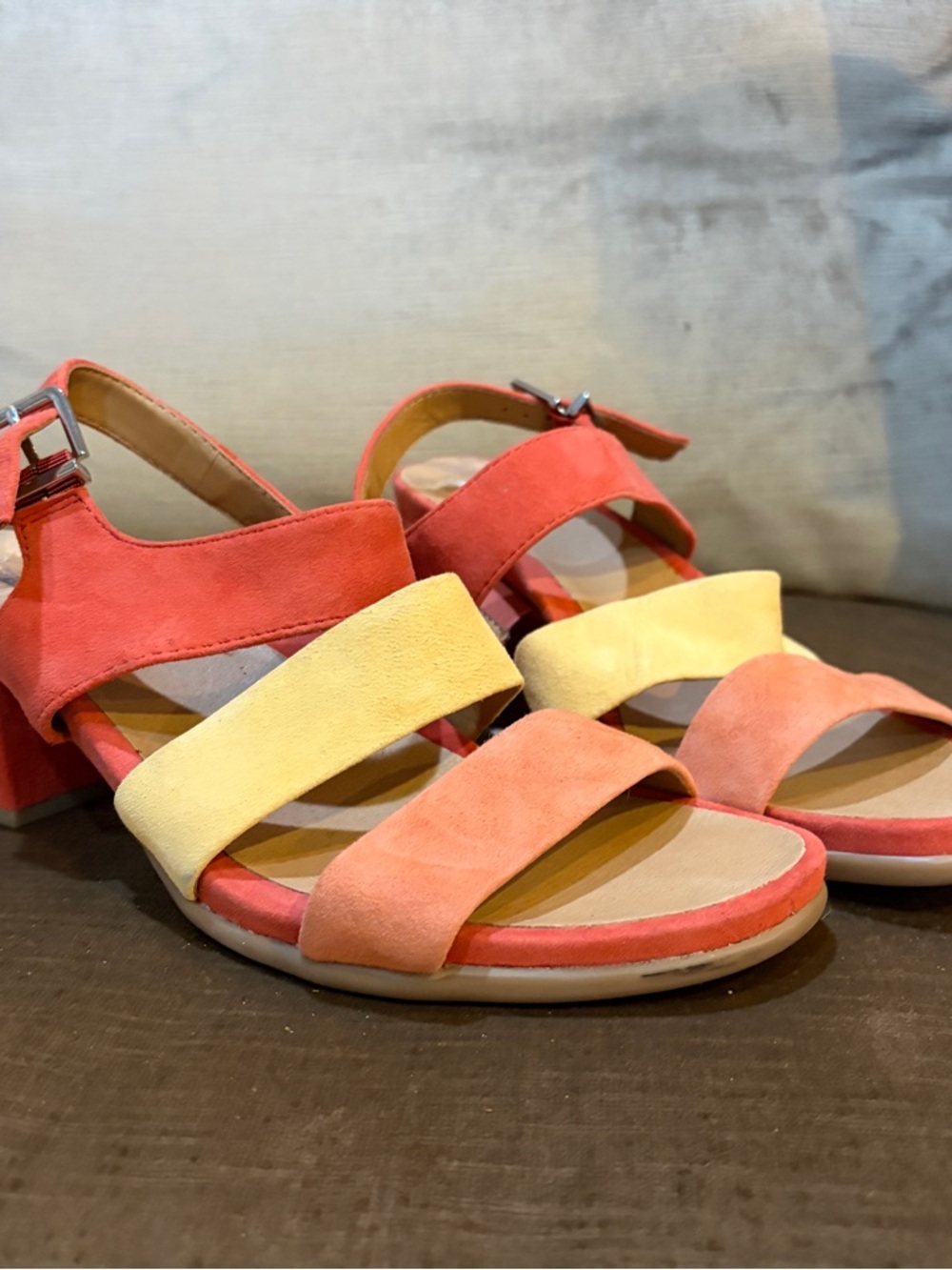 Earth Colorblock Suede Block Heel Sandals - Coral, Peach & Yellow
